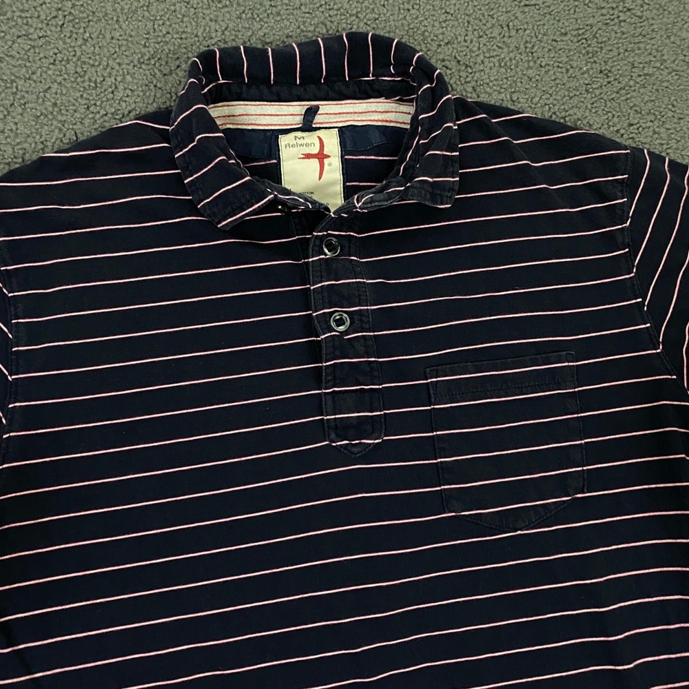 Relwen Polo Shirt Mens Medium Blue Pink Stripe Cotton Short Sleeve Huckberry